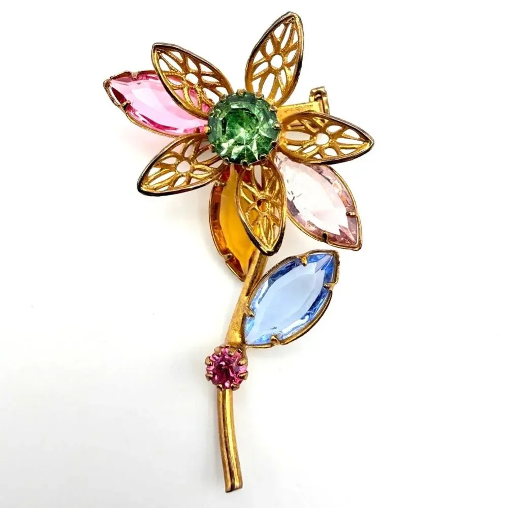 Vtg MCM 1960s Flower Stem Prong Set filigree Multi Color Pastel Brooch Gold Tone